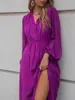 Casual Dresses Women Fall V Neck Solid Color Long Sleeve High Waist Purple Tie Dress For Ladies Fashion All Match