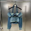 Kvinnorjackor Fashion Off Shoulder Denim Jacket för kvinnor långärmad sexig smal halsbälte ytterkläder jeanrock toppkläder 230808