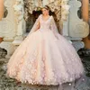 Pretty Princesa 3D Bloemen Parel Afneembare Cape Watteau Blush Roze Mexicano Sweet 16 Quinceanera Jurk Baljurk 2021 Lente Nieuw 298g