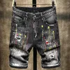 Cropped pants new tattered lacquered men's patch elastic D2 jeans black pants beggar jeans