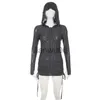 Basic Casual Dresses SUCHCUTE Ripped Y2K Grunge Knitted Hoodies Short Dresses Women Long Sleeve Bodycon Button Goth Streetwear Lace Up New Mini Dress J2308009
