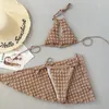 Women's Swimwear 2023 Brown Bubble Cloth Three Pieces Bikini Set With Skirt Halter Swimsuit Bandage Women Biquini Bathing Suits