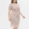 Plus Size Dresses Stretchy Women Dress Elegant Lace V Neck Party Floral Embroidery Double Layers Knee Length Prom Banquet Midi