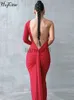 Grundläggande avslappnade klänningar Hugcitar Women Elegant One Shoulder Long Sleeve Backless Ruched Sexig Maxi Prom Dress 2023 Fall Slim Wedding Party Clothes Y2K J2308009