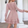 Urban Sexy Kleider Damen Frühling und Herbst Rosa A-Linie Chiffon Mode Kleider V-Ausschnitt Taille Rüschen Frau Absicherung Laterne Langarm Kleider 230809