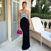 Повседневные платья полосатые печатные лоскутные ремни без спинки Maxi Bodycon платье лето сексуальные женщины спагетти ремешок из рукавов элегантный клуб для вечеринок