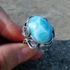 Cluster Rings Beautiful 925 Sterling Silver Cabochon Gemstone Oval 13x18mm Natural Larimar Leaf Ring