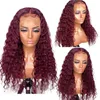 Kurly Burgundy Lace Przysta peruka głęboka fala precyprowana 13x1 t częściowo ludzkie peruki włosy dla kobiet gryzący 99J Frontal