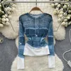 Women's T Shirts Vintage Print Mesh O Neck Long Sleeve Shirt Casual Slim Sexig Chic Thin Tees Women Streetwear Fashion Crop Top