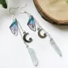 Dos Boucles d'Oreilles Lune Fée Cristal Papillon Aile Longue Chaîne Irrégulière