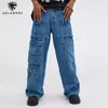 Jeans pour hommes High Street asymétrique grande poche plaquée droite Denim pantalon pour hommes surdimensionné fausse ceinture pantalon délavé et femmes 230809