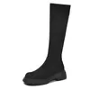 Stiefel Schwarz Kniehohe Frauen Winter 4 cm Absatz Lange Warme Runde Kopf Dünne Bein Socken Stiefel Schuhe