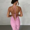 Urban Sexy Dresses Summer Backless Maxi Dress Women Sexig Spaghetti Strap Bodycon Dress Elegant Fashion Ruched Long Evening Party Dresses Pink 230809