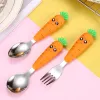 Baby Gadgets Tableware Children Utensil Stainless Steel Toddler Dinnerware Cutlery Cartoon Carrot Kids Infant Food Feeding Spoon ForkZZ