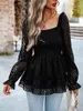 Women's T Shirts Women S Scoop Neck Smocked Tops Ruffle Long Sleeve Textured T-Shirts Peplum Blouses