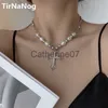 Pendant Necklaces Hip-Hop Punk Rock Retro Personality Baroque Imitation Pearl Necklace Contracted Geometric Cross Pendant Chain Of Clavicle J230809