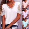 T-Shirt da donna Summer Lace Stitching Petalo manica con scollo a V T-shirt a maniche corte Moda donna Casual sciolto tinta unita Vintage camicetta Top 230808