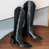 Bottes Femme Cuir Véritable 6.5cm d'épaisseur Talon Haut Bout Pointu Fermeture Éclair Latérale Automne Genou Élégant Dames Haut de Gamme Western