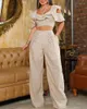 Women's Two Piece Pants Striped Ruffle Hem Crop Top & Straight Leg Set Chic Fashion Summer Daily High Style Form-fitting Short Sleeve