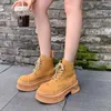 Сапоги Petite Girl Big Yellow Женская кожаная кожа в британском стиле Retro Crocky-Up Croky Heel Round Head Fashion Short Motorcycle