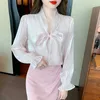 Women's Blouses Satin Shirts Spring 2023 Solid Casual Slim Fit Bow Long Sleeves Top V-neck Ladies Clothing YCMYUNYAN