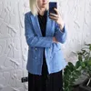 Ternos femininos primavera tweed azul blazers 2023 moda sólido solto blazer outono casual duplo busto streetwear jaquetas chique