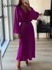 Urban Sexy Dresses Flare Sleeve Solid Purple V Neck Long Dresses A-line Elegant High Waisted Loose Midi Dress Woman Casual Ladies Vestidos 230808