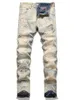 Retro Blue Ripped Patchwork Jeans For Men Embroidery Slim-Fit Straight Denim Pants Distressed Patches Trousers