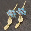 Boucles d'Oreilles Pendantes Style Bohème Métal Fait Main Huile Bleu Lotus Série Longue Femme