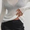 Dames Truien 2023 Mode Wit Elegant Gestreept See Through Dames Top Outfits Lange mouw Casual Gezellige T-shirts Tees Skinny Club Party