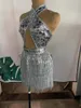 Scene Wear Sparkly Silver Sequin Fringe Kort klänning 2 PCS Set Women Födelsedag Sexig backless Nightclub Outfit Dance Costume