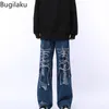 Jeans Masculino Bugilaku Calça Jeans Vintage Cordão Cordão Renda Reta Furo Solto Perna Larga Cor Sólida Pantalona Cintura Alta 230809