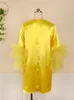 Abiti taglie forti Abito a trapezio Donna Lunghezza al ginocchio Patchwork Maniche a rete Tulle Giallo Elegante moda femminile africana Abiti di classe