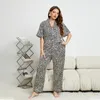 Pijamas femininos verão cetim preto com estampa de leopardo 5xl plus size calças pijamas moda casual terno feminino pijamas para casa