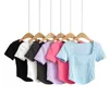 Camisetas femininas de verão com letras bordadas gola quadrada manga curta camiseta cropped