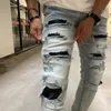 Mens Jeans High Street Fashion Men Retro Light Blue Stretch Skinny Fit Ripped Leather Patched Designer Hip Hop Brand Pants 230809
