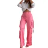 Vrouwen Tweedelige Set Mode Effen Revers Satijn Lange Mouwen Top Casual Losse Wijde Pijpen Cargo Broek Sets Hoge Streetwear