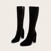 Bottes talon épais genou haute femmes bout rond long daim marron noir automne chaussures 2023 mode rétro Hing femme ZIP