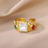 Anillos de racimo de circón cuadrado para mujer, anillo abierto de acero inoxidable chapado en oro para boda, joyería estética, regalos de navidad, Anillos