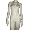 Vestidos casuais Glitter Strass Cocktail Vestido de noite Rede arrastão Diamante Sem costas Sexy Mulheres Club Festa Festival Rave Outfits Vestido