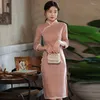 Ethnic Clothing Oriental Cheongsam Elegant Pink Plaid Young Style Simple Retro Long-sleeved Improved Daily 2023 Casual Party Spring Dress