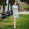 Vêtements Ethnique Bleu Chinois Robe Vintage Split Solide Femmes Cheongsam Élégant Costume Traditionnel Mode Moderne Vestiods Fantaisie Fête Qipao