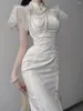 Ethnic Clothing 2023 Chinese National Cheongsam White Lace Dress Elegant Vintage Women Long Dresses Flying Sleeve Sexy Qipao S2107