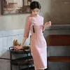 Ethnic Clothing Oriental Cheongsam Elegant Pink Plaid Young Style Simple Retro Long-sleeved Improved Daily 2023 Casual Party Spring Dress