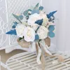 Decorative Flowers Wreaths Dusty Blue Bride Bouquet Boutonniere Wrist Corsage Waterfall Wedding Flower Bridesmaid Bouquet Wedding Ceremony Anniversary 230809