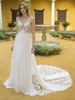 Une Ligne Ivoire En Mousseline De Soie Robe De Mariée Arrivée Dentelle Sans Manches Illusion Corsage Sexy Robe De Noiva Romantique Appliques Plage Robes De Mariée