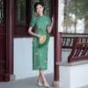 Etnische Kleding Vrouwen Traditionele Chinese Groene Bloemenprint Jurk Vintage Mandarijn Kraag Qipao Lange Slanke Hoge Split Cheongsam