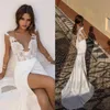 Lian Rokman 2019 Robes De Mariée Avec Appliques Illusion Col En V Sexy Sirène Robes De Mariée De Mariée Cuisse Slit Plage Satin De Mariage D253U