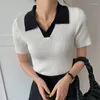 Kobiety Sweters Real S: Polo Collar Contrast T-shirt dla kobiet 2023 Summer Korean Slim Top