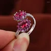 Anneaux de mariage luxe femme Rose rouge cristal mince anneau breloque couleur argent ouvert pour les femmes Vintage fleur Zircon fiançailles